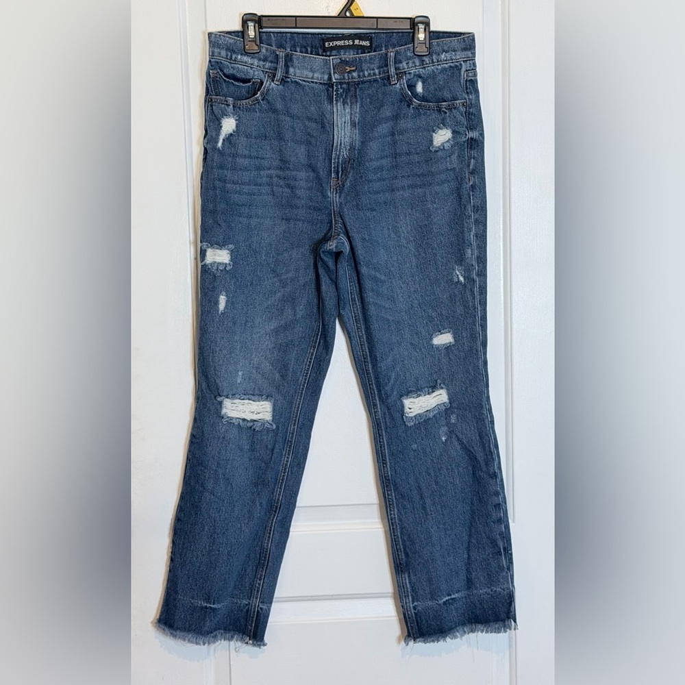 Express Distressed  Raw Hem sz12 straight ankle High Rise Blue Jeans - Picture 2 of 11